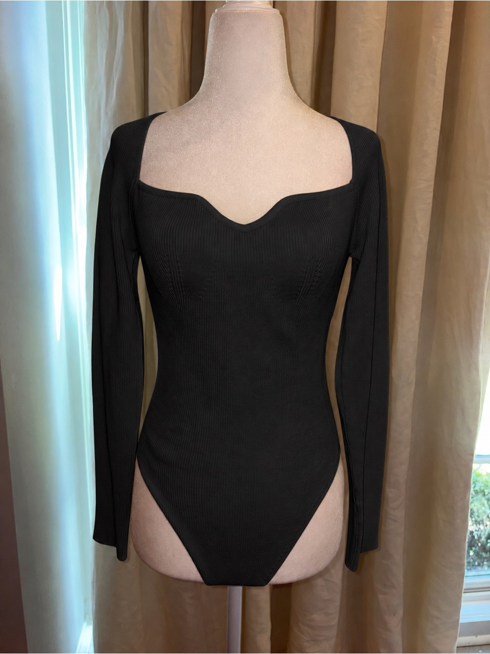 Endless Rose Black Ribbed Sweetheart Neck Long Sleeve Bodysuit